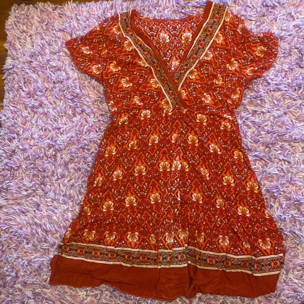Red patterned wrap dress